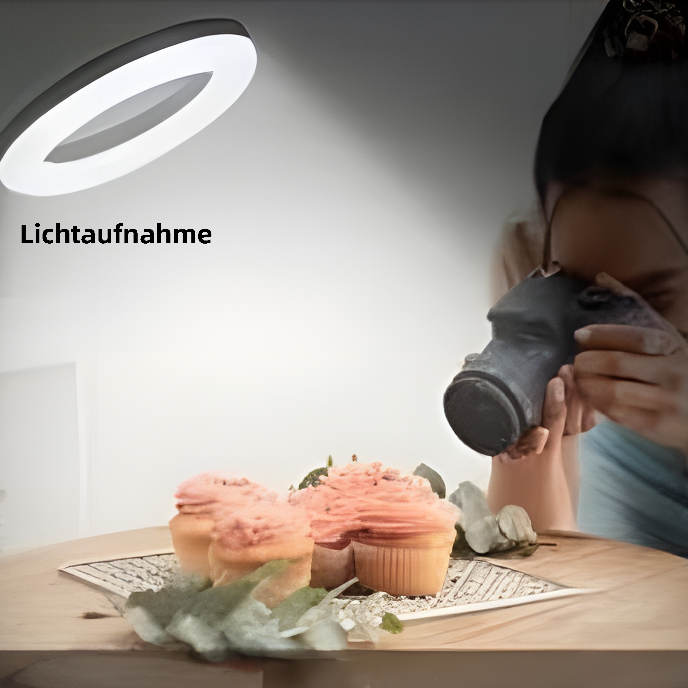 Eine Frau fotografiert Cupcakes unter einer Ringlicht, mit dem Wort 'Lichtaufnahme'.
