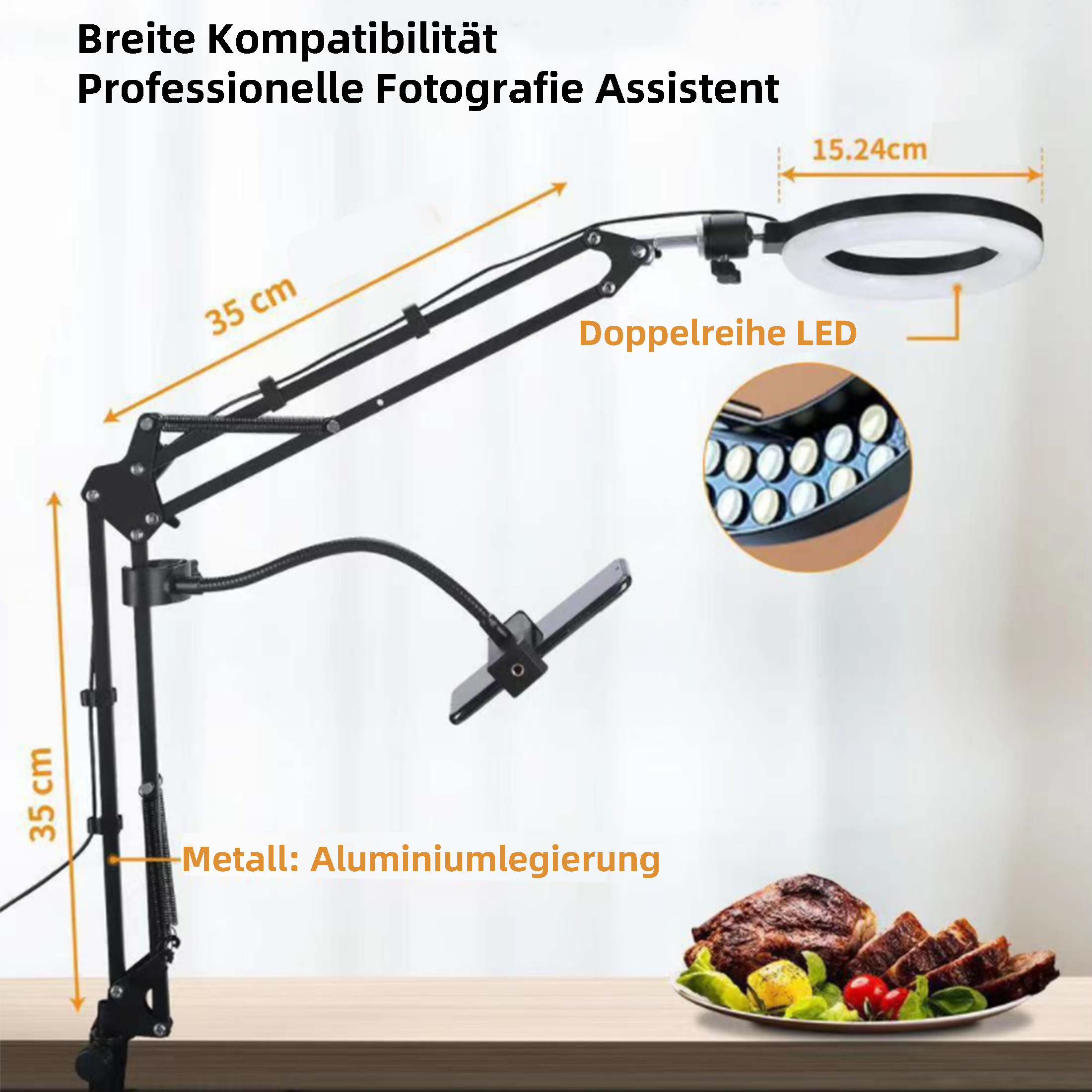 Schwarzes LED-Ringlicht mit Telefonhalter, Essen und einem Fleischstück.