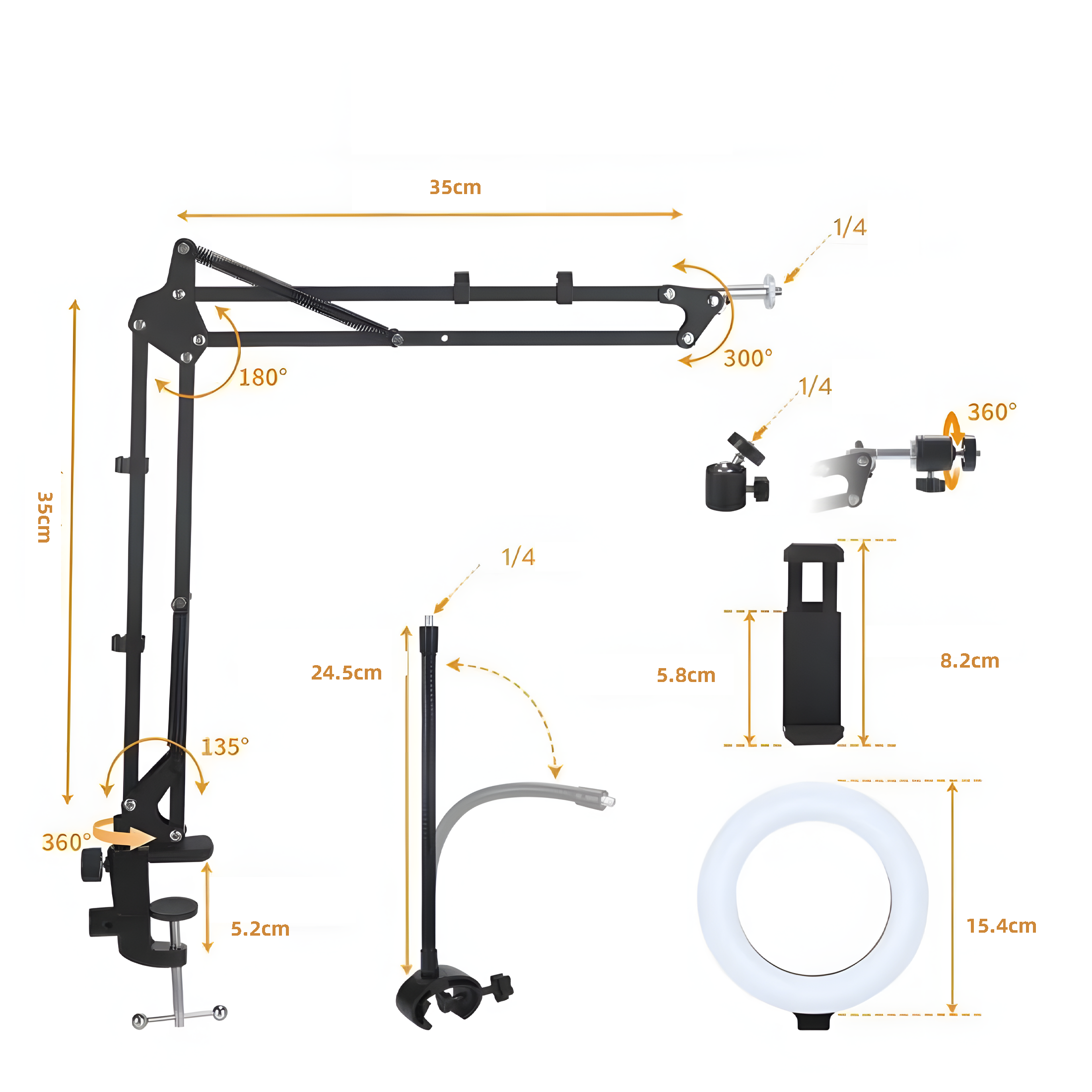 Diagramm, das die Abmessungen und Winkel eines schwarzen, verstellbaren Armständers mit Ringlicht zeigt.