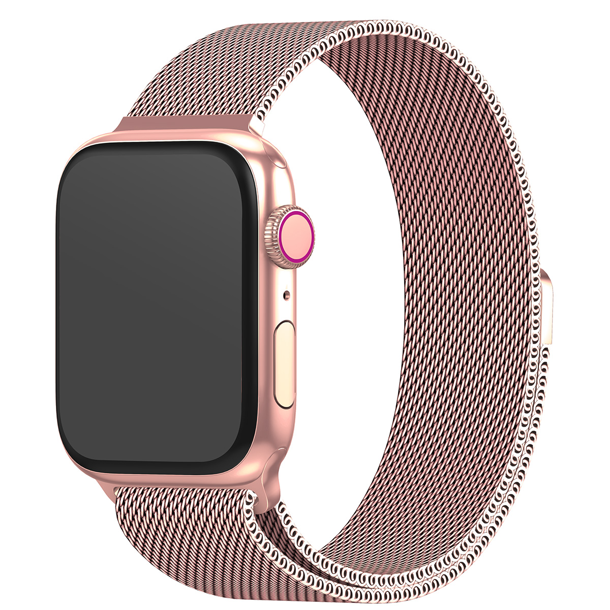 Uno smartwatch in oro rosa con cinturino a maglia milanese mostra uno schermo vuoto su uno sfondo bianco.