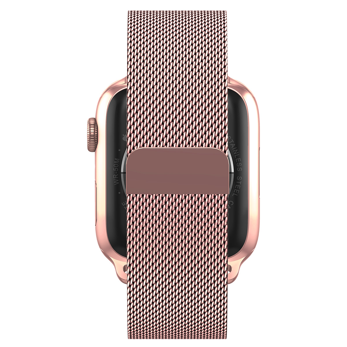 Retro di smartwatch oro rosa con cinturino intrecciato.