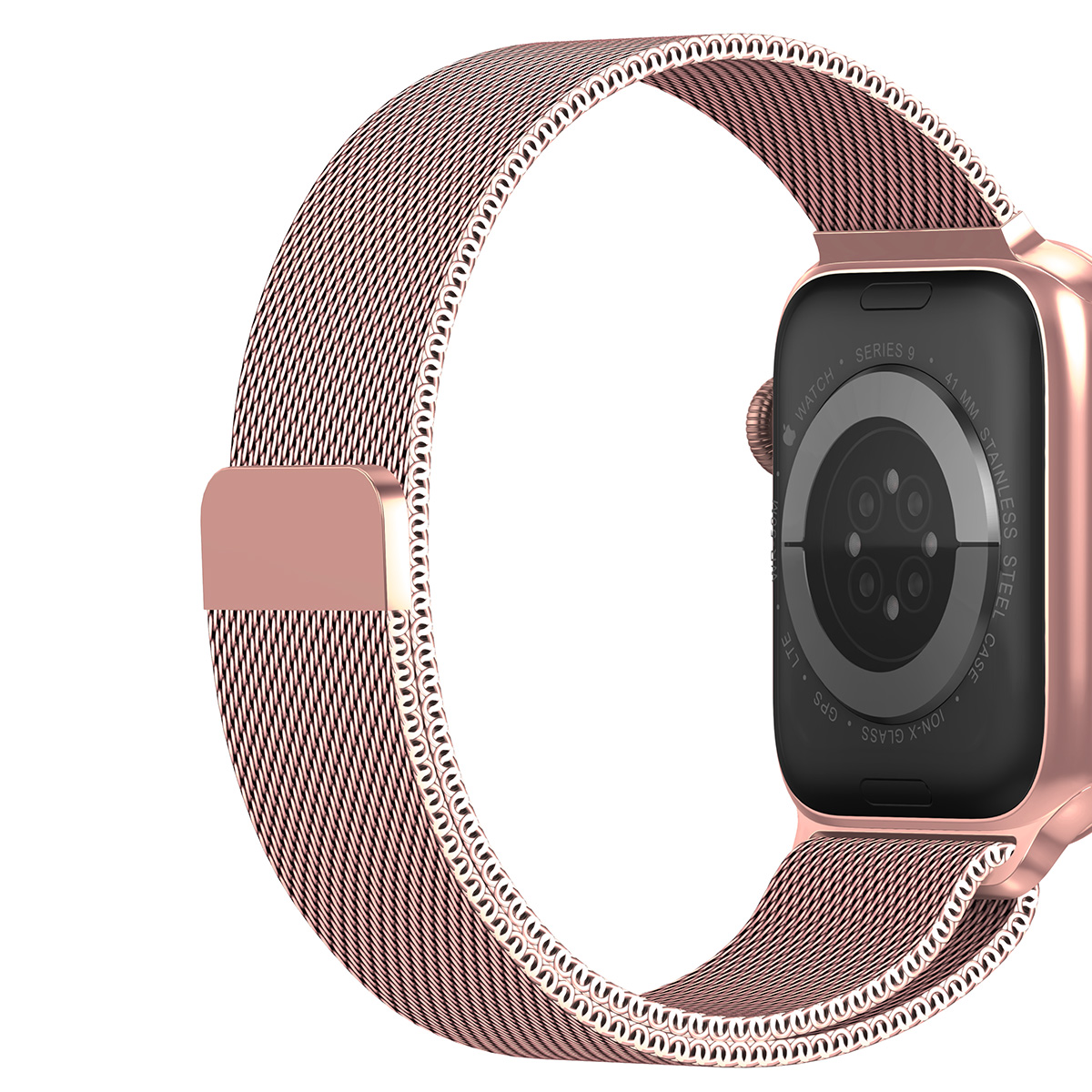 Apple Watch oro rosa con cinturino a maglia, vista angolata.