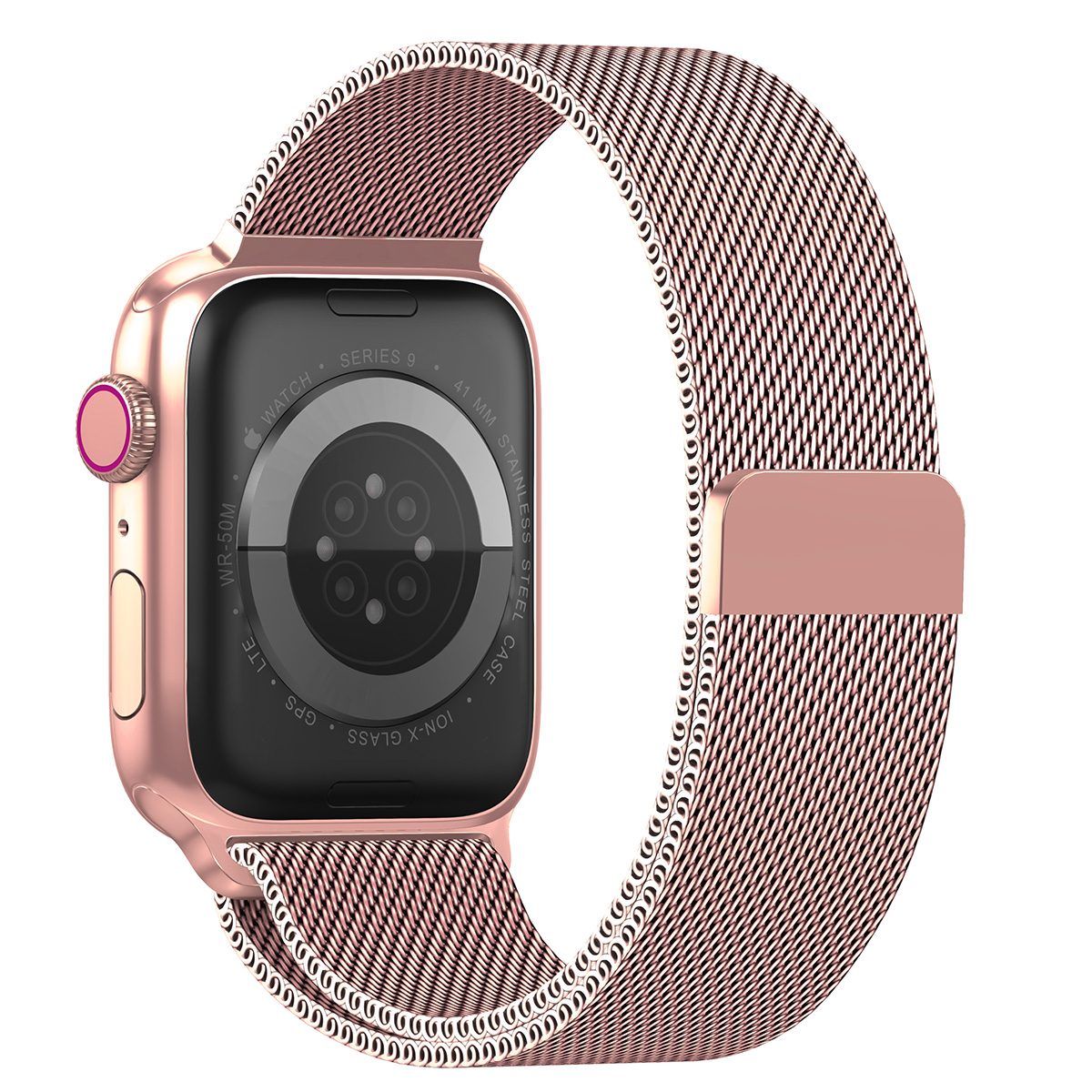 Smartwatch in oro rosa con cinturino a maglia milanese, che mostra il retro dell'orologio e i dettagli del sensore.
