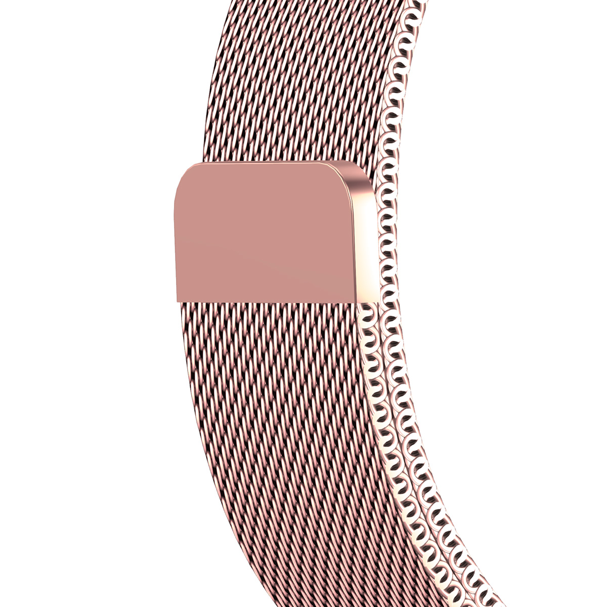 Primo piano del cinturino dell'orologio oro rosa con dettagli intrecciati.