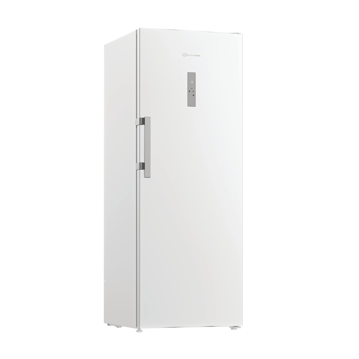 Ein weißer, freistehender Bauknecht-Gefrierschrank steht vor einem weißen Hintergrund, schlichtes und modernes Design.