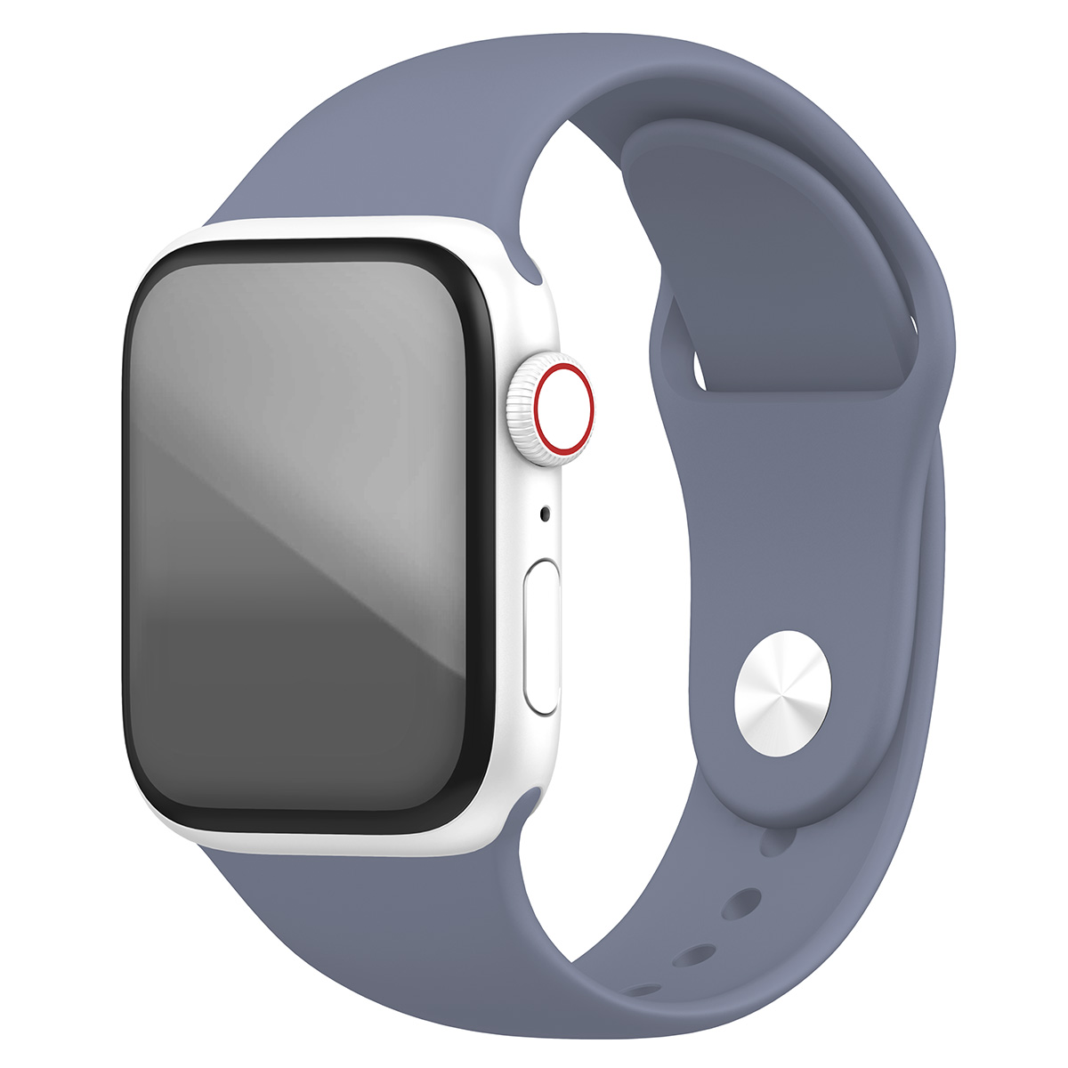 Uno smartwatch bianco con cinturino grigio viene visualizzato su uno sfondo bianco, mostrando il suo design elegante.