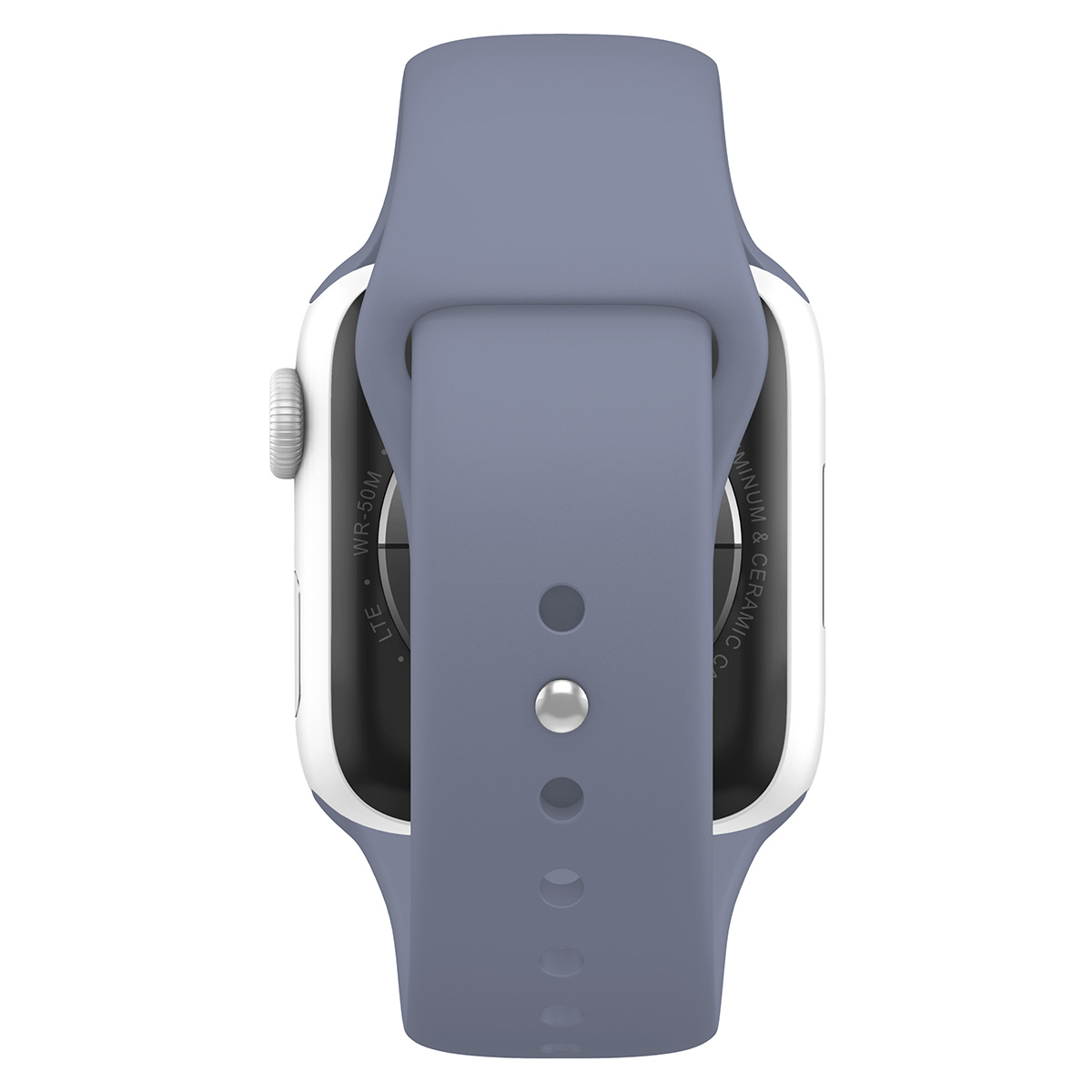 Viene mostrato il retro di uno smartwatch bianco con cinturino grigio, evidenziando i suoi sensori e i dettagli di design.