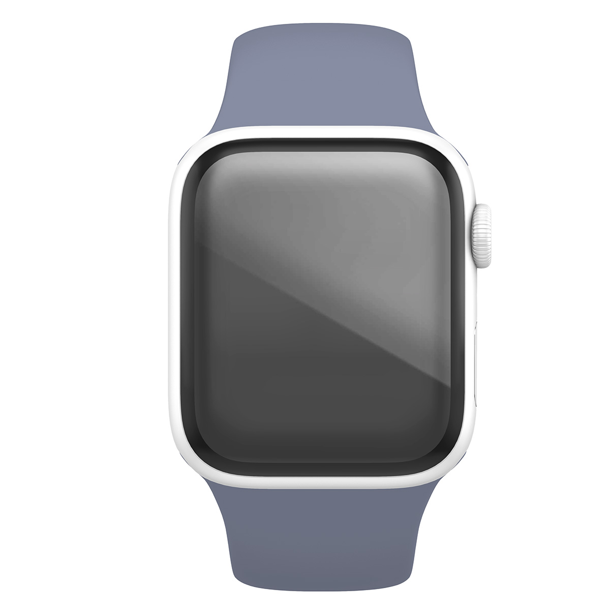 Smartwatch con cinturino grigio, che mostra uno schermo scuro vuoto e un design semplice e moderno su uno sfondo bianco.