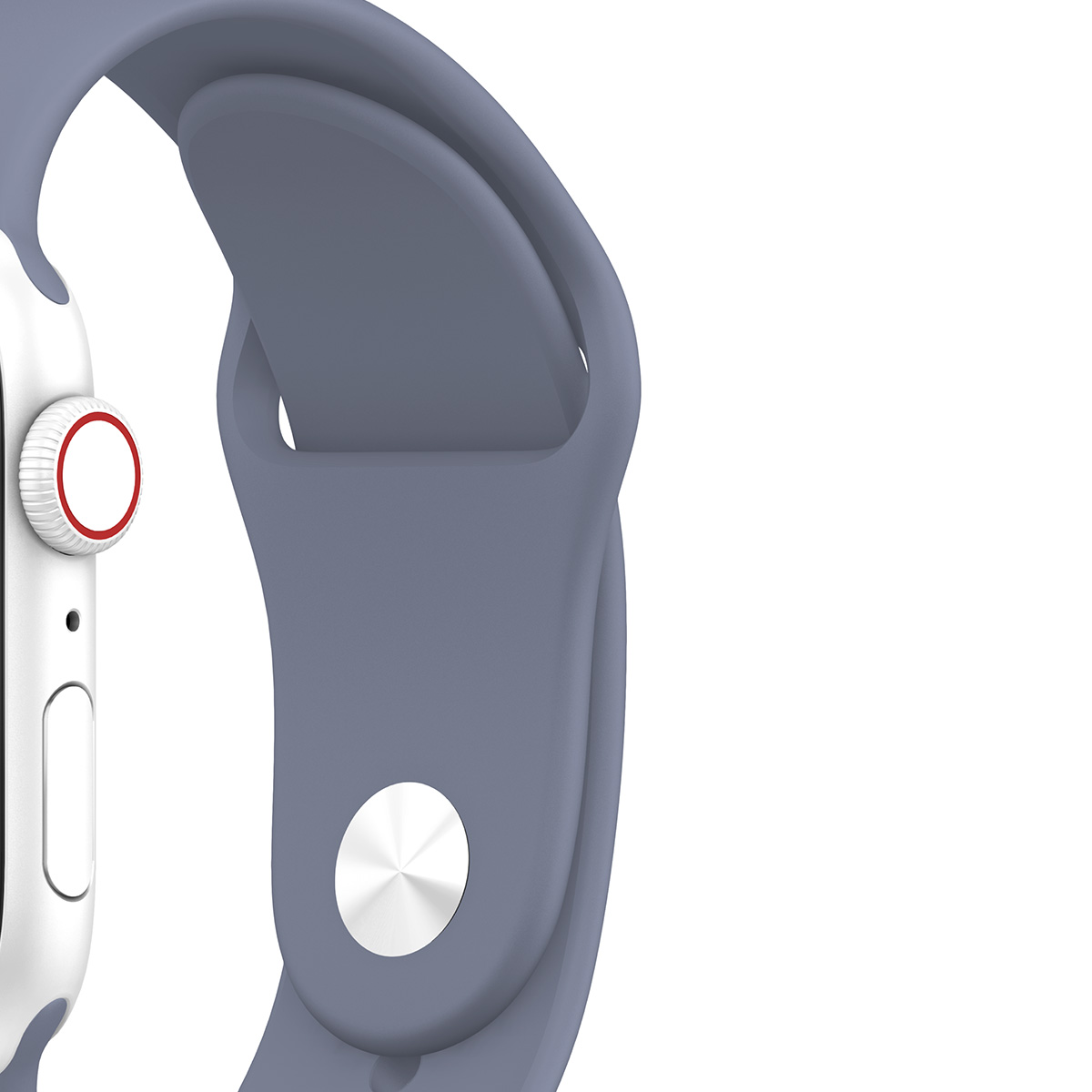 Primo piano di uno smartwatch con cinturino grigio, concentrandosi sul pulsante laterale e sul bordo curvo dello schermo.