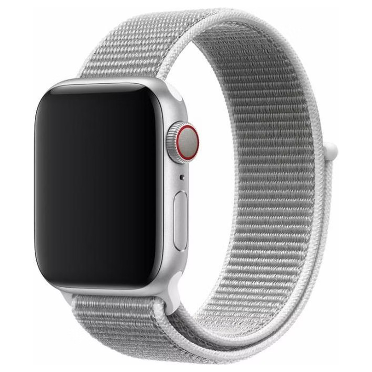Smartwatch con cassa argentata e cinturino grigio intrecciato, che mostra uno schermo vuoto su uno sfondo bianco.