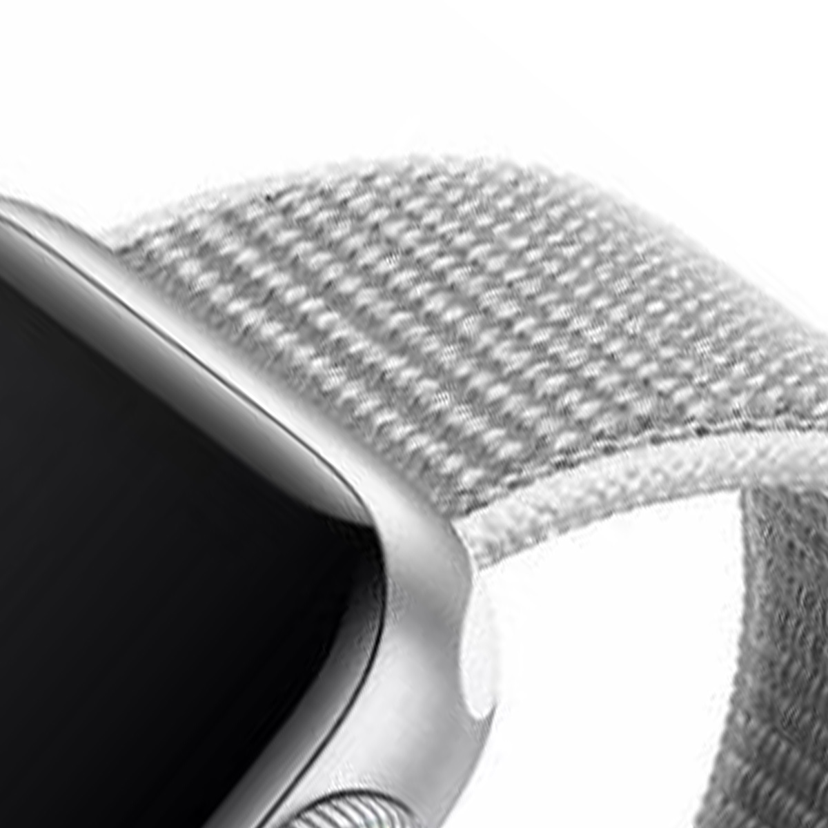 Primo piano di uno smartwatch con un cinturino grigio intrecciato, che mostra il bordo dello schermo e la cassa dell'orologio.