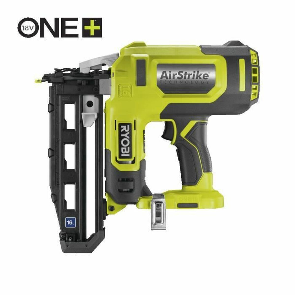 Ryobi ONE+ Airstrike 18V Akku-Nagelpistole auf einem weißen Hintergrund, die ihr grünes und schwarzes Design zeigt.