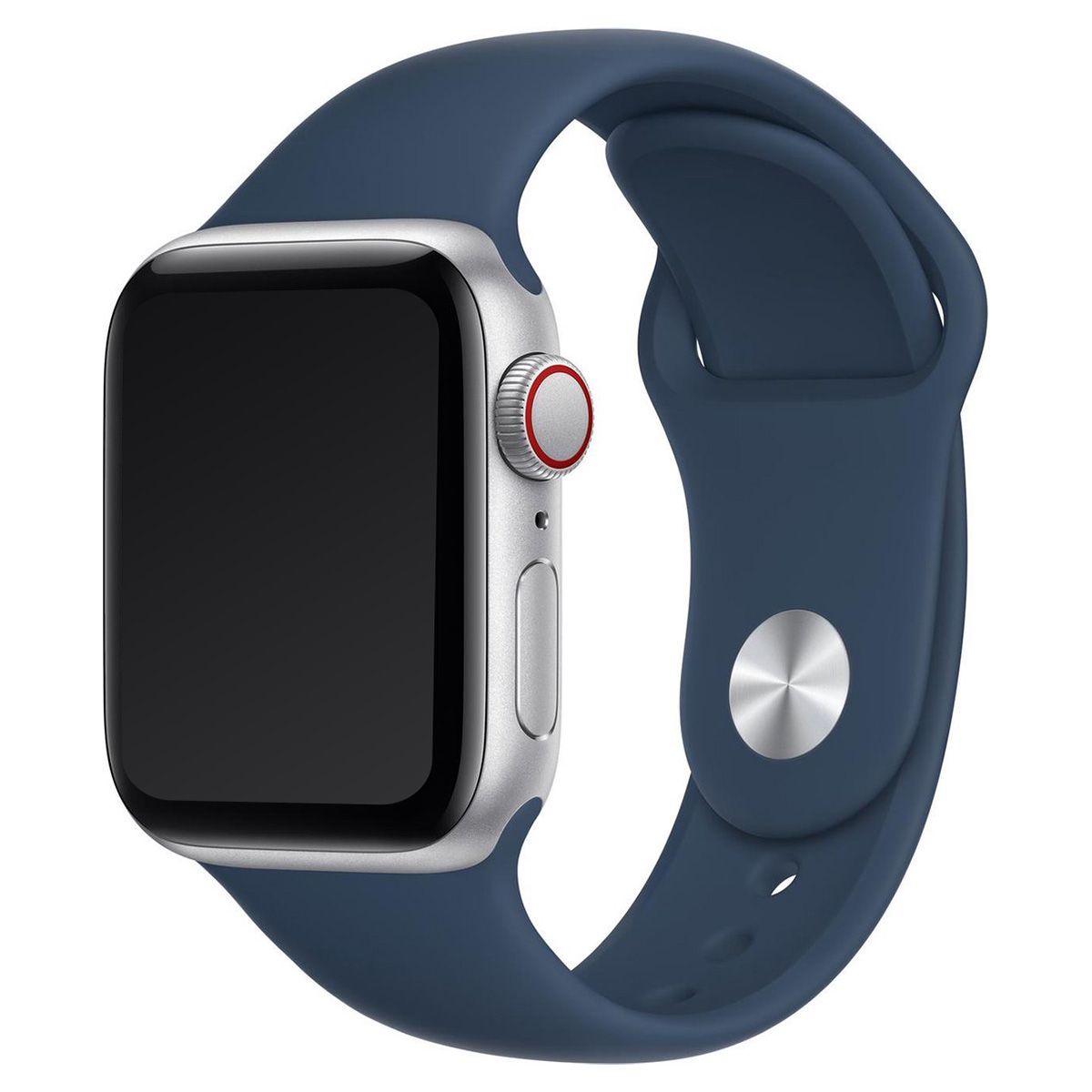 Srebrny Apple Watch z niebieskim paskiem sportowym. Czarny ekran, czerwony przycisk.