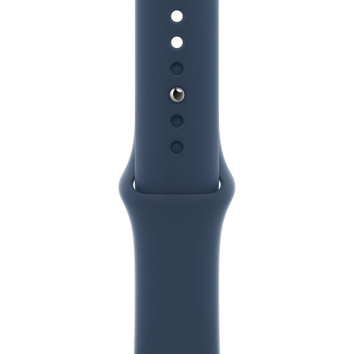 Zbliżenie niebieskiego paska do Apple Watch, pokazujące jego konstrukcję i szczegóły zapięcia.