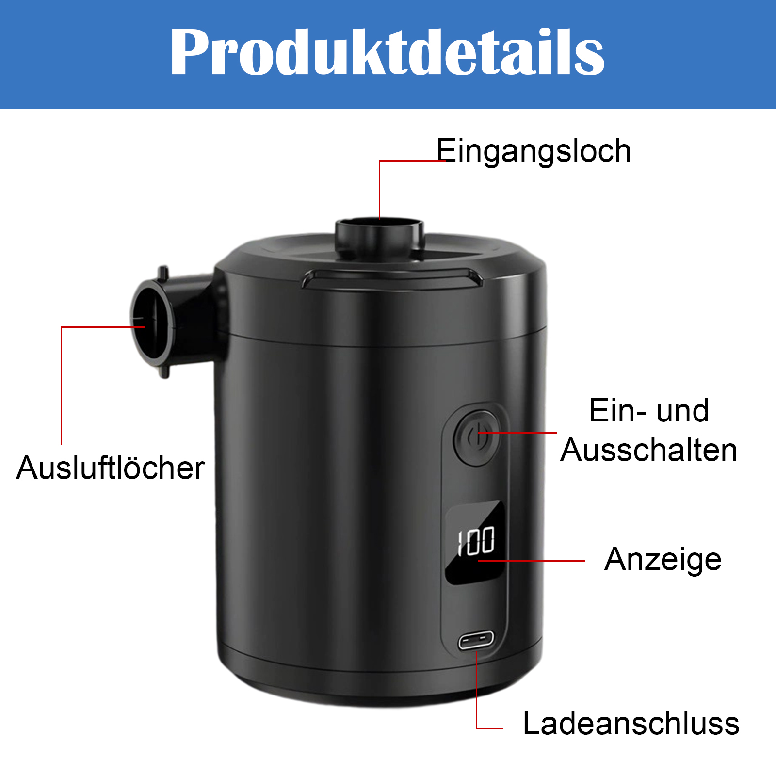 Schwarzes Gerät mit Beschriftungen: Auslftlöcher, Eingangsloch, Ein- und Ausschalten, Anzeige, Ladeanschluss.