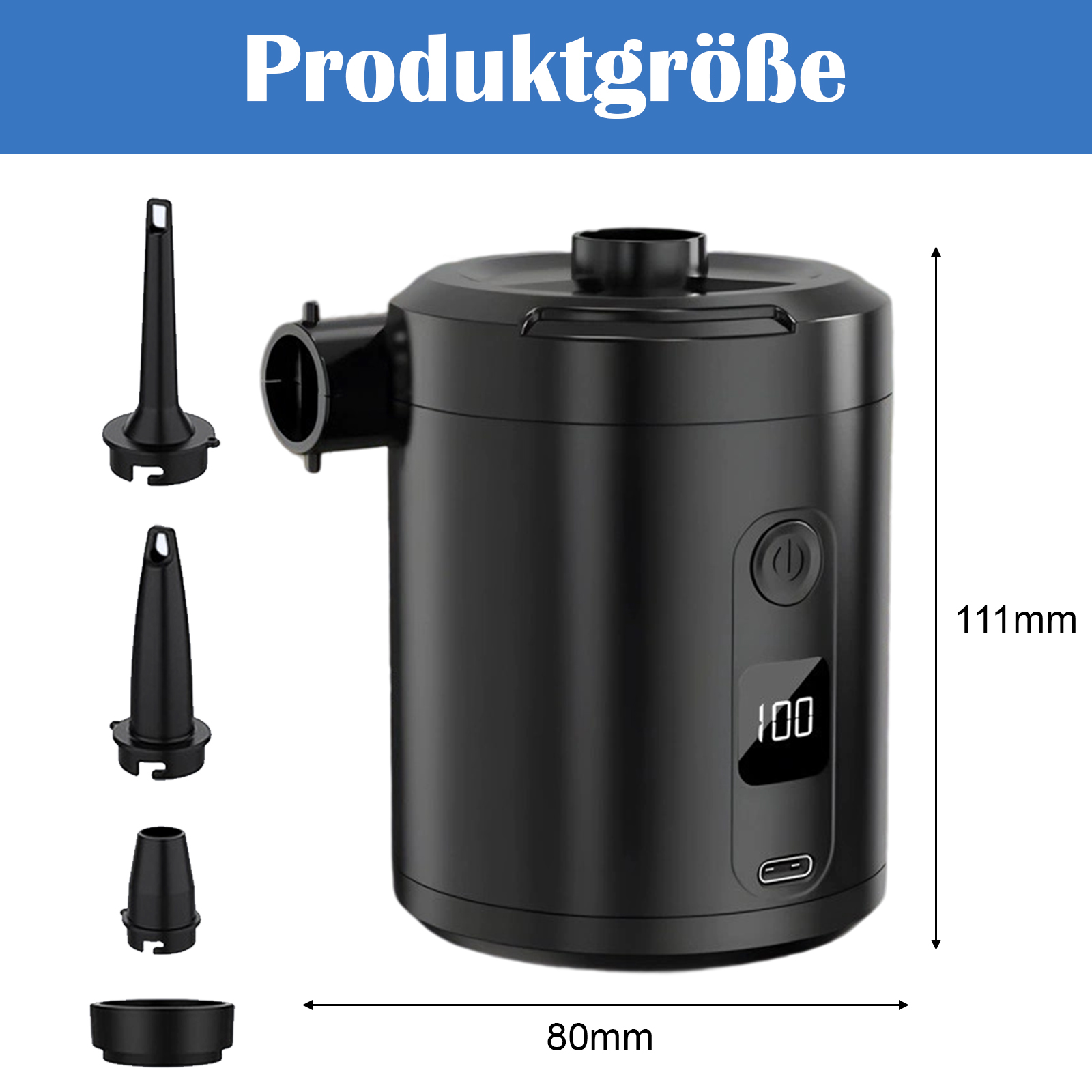 Schwarzes Gerät mit Abmessungen und drei Aufsätzen. Das Gerät hat ein digitales Display.
