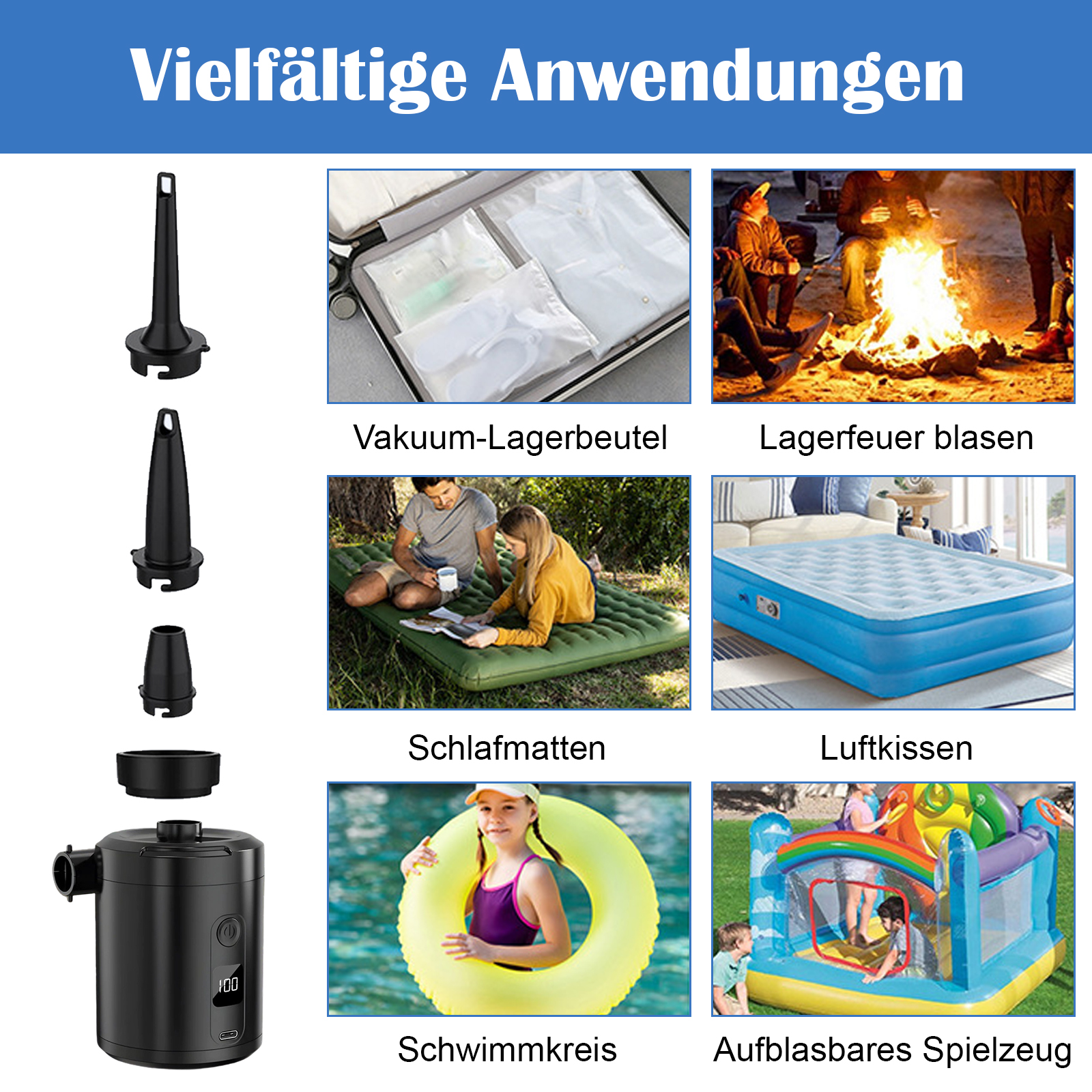 Bilder, die die Verwendung eines schwarzen Geräts zeigen: Vakuumaufbewahrung, Lagerfeuer, Schlafmatten usw.