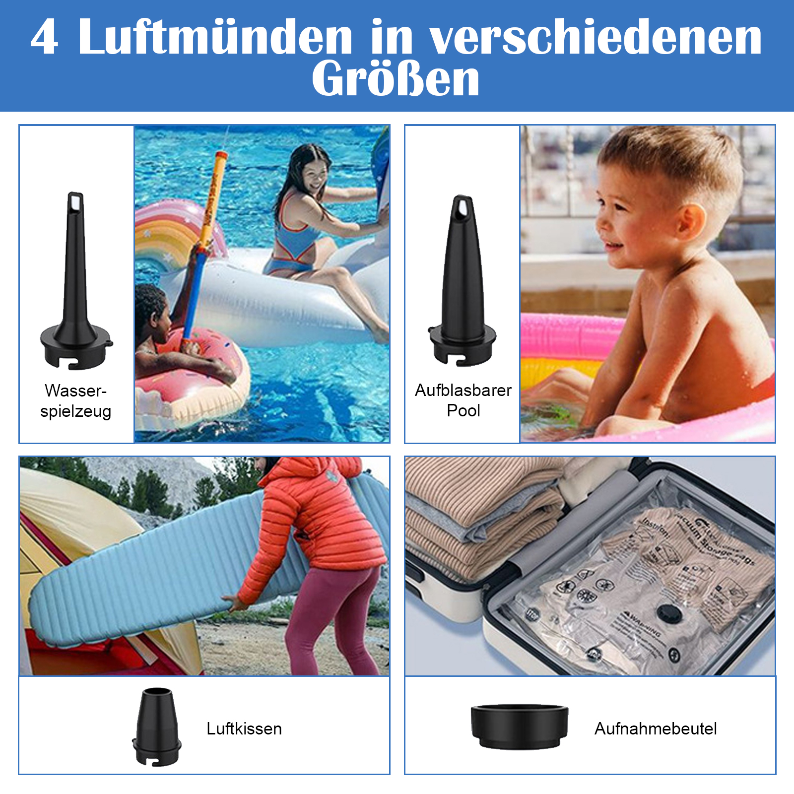 Vier aufblasbare Artikel in verschiedenen Formen. Pool, Wasserspielzeug, ein Junge im Pool.