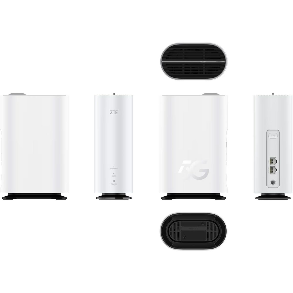 Wiele widoków białego routera ZTE. Router ma cylindryczną konstrukcję z czarną podstawą.