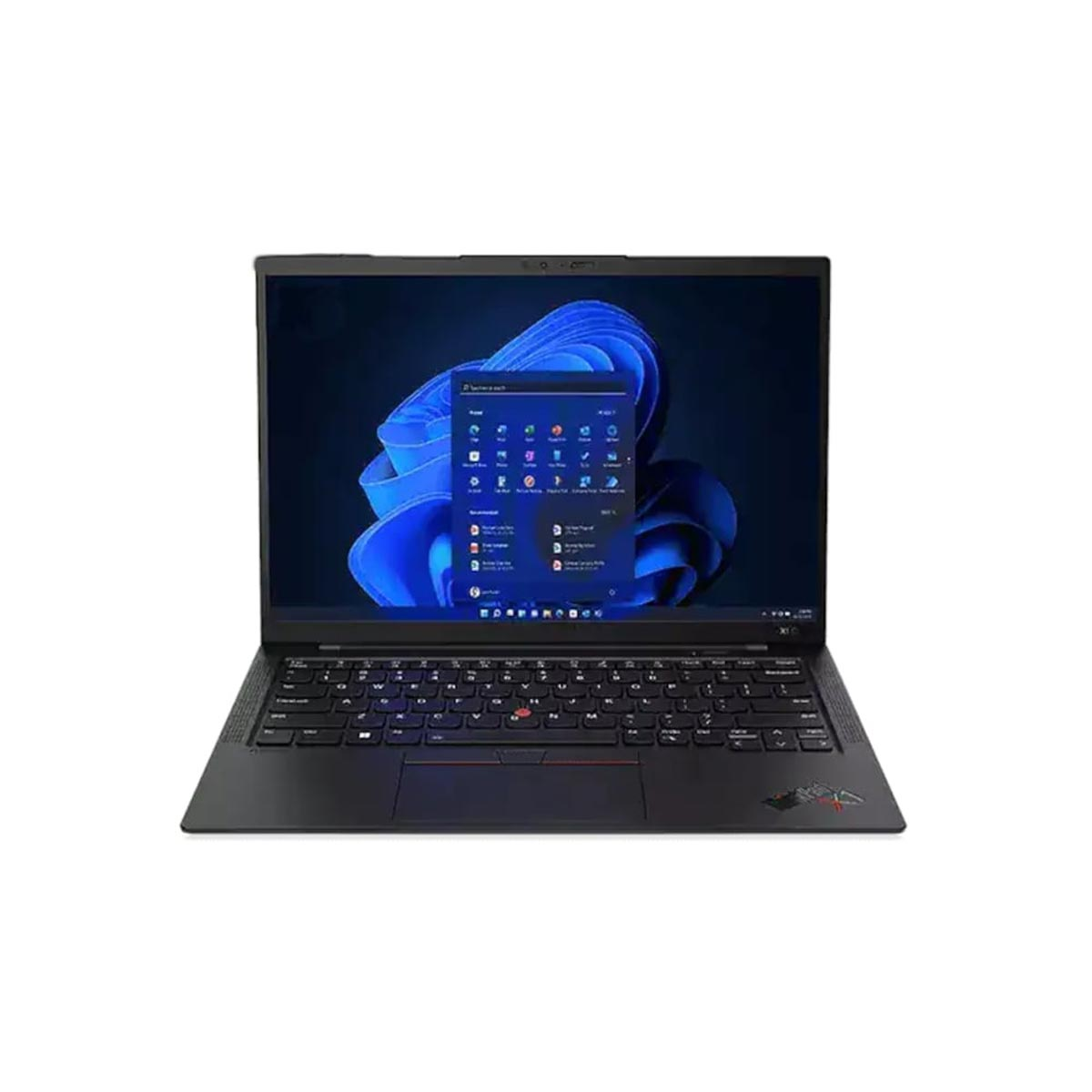 Czarny laptop Lenovo ThinkPad otwarty, wyświetlający ekran z ikonami aplikacji.