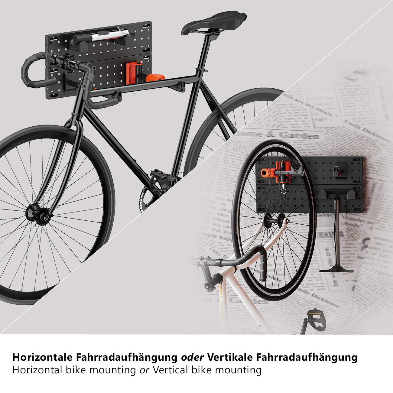 Zwei Fahrräder an der Wand montiert, horizontale und vertikale Optionen.