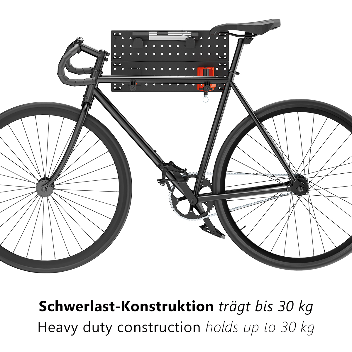 Schwarzes Fahrrad an einem schwarzen Wandregal montiert. Text besagt, dass es bis zu 30 kg hält.