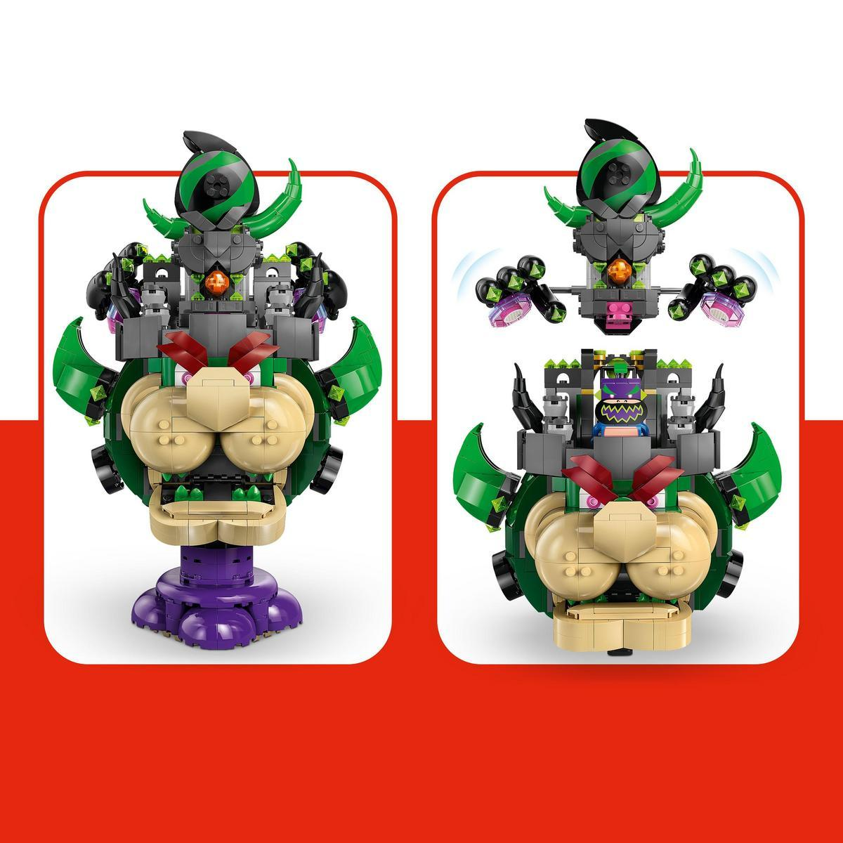 Due immagini che mostrano il set Lego di Bowser. Diverse viste e angolazioni del modello completo.