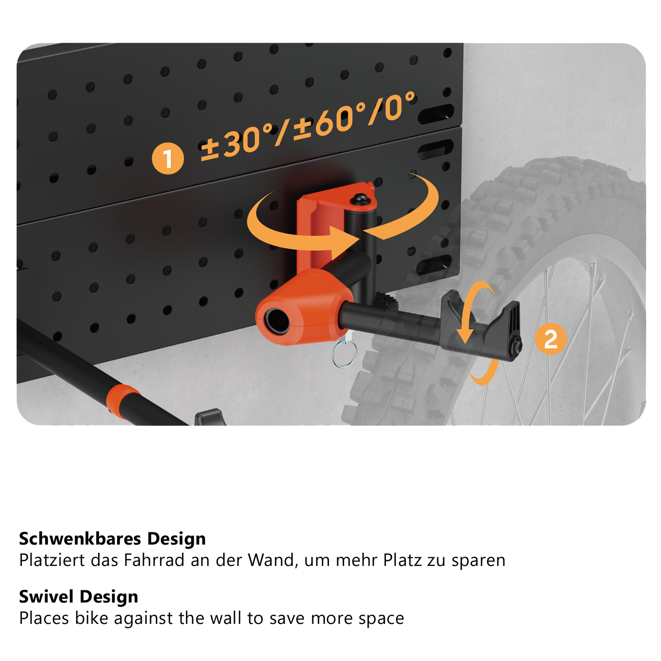 Fahrradträger mit orangefarbenen und schwarzen Details, an einer Wand montiert. Merkmale Schwenkdesign.