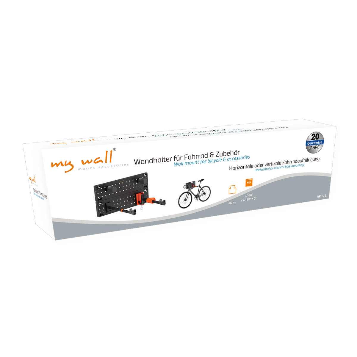 Karton mit Fahrradzubehörhalterung. Die Box ist weiß, das Produkt schwarz und orange.