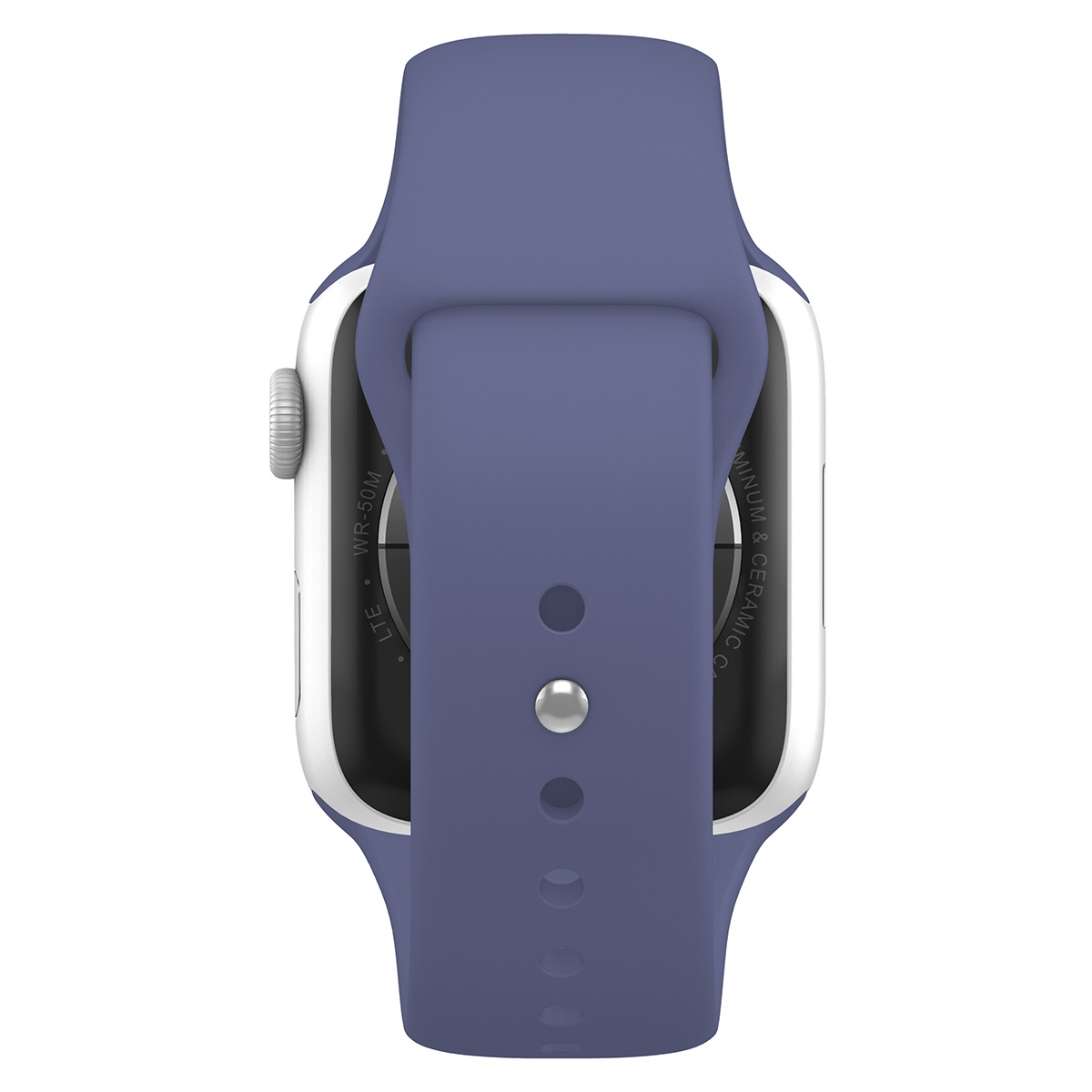 Il retro di uno smartwatch con cinturino blu, cassa bianca e un sensore.