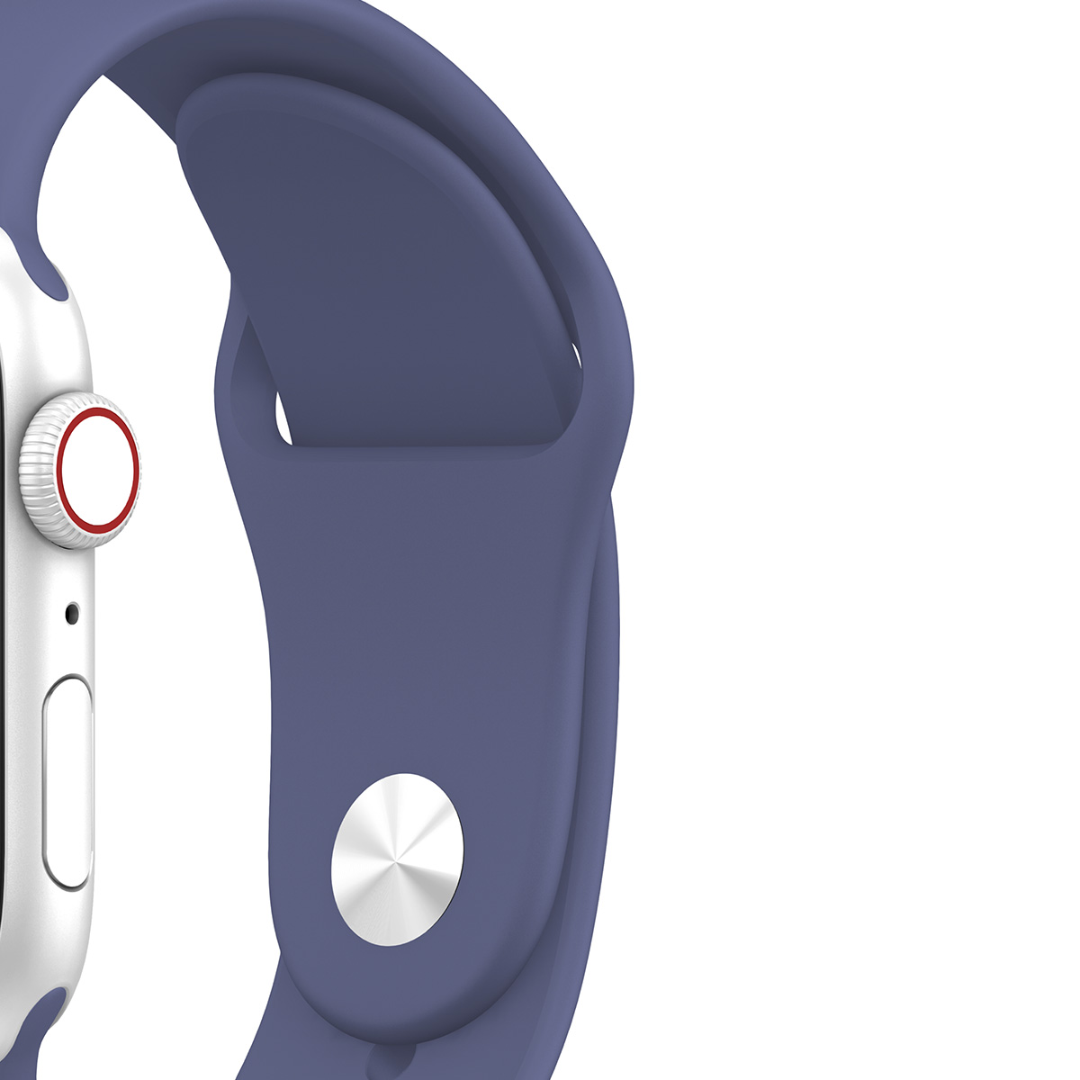 Un primo piano di uno smartwatch con cinturino blu, che mostra i pulsanti laterali e il cinturino.