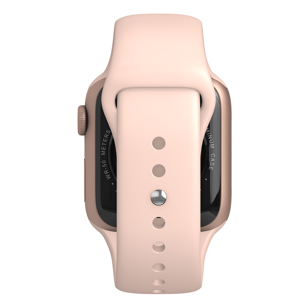 Reloj inteligente rosa con correa rosa, vista trasera. El reloj muestra texto en el lateral.