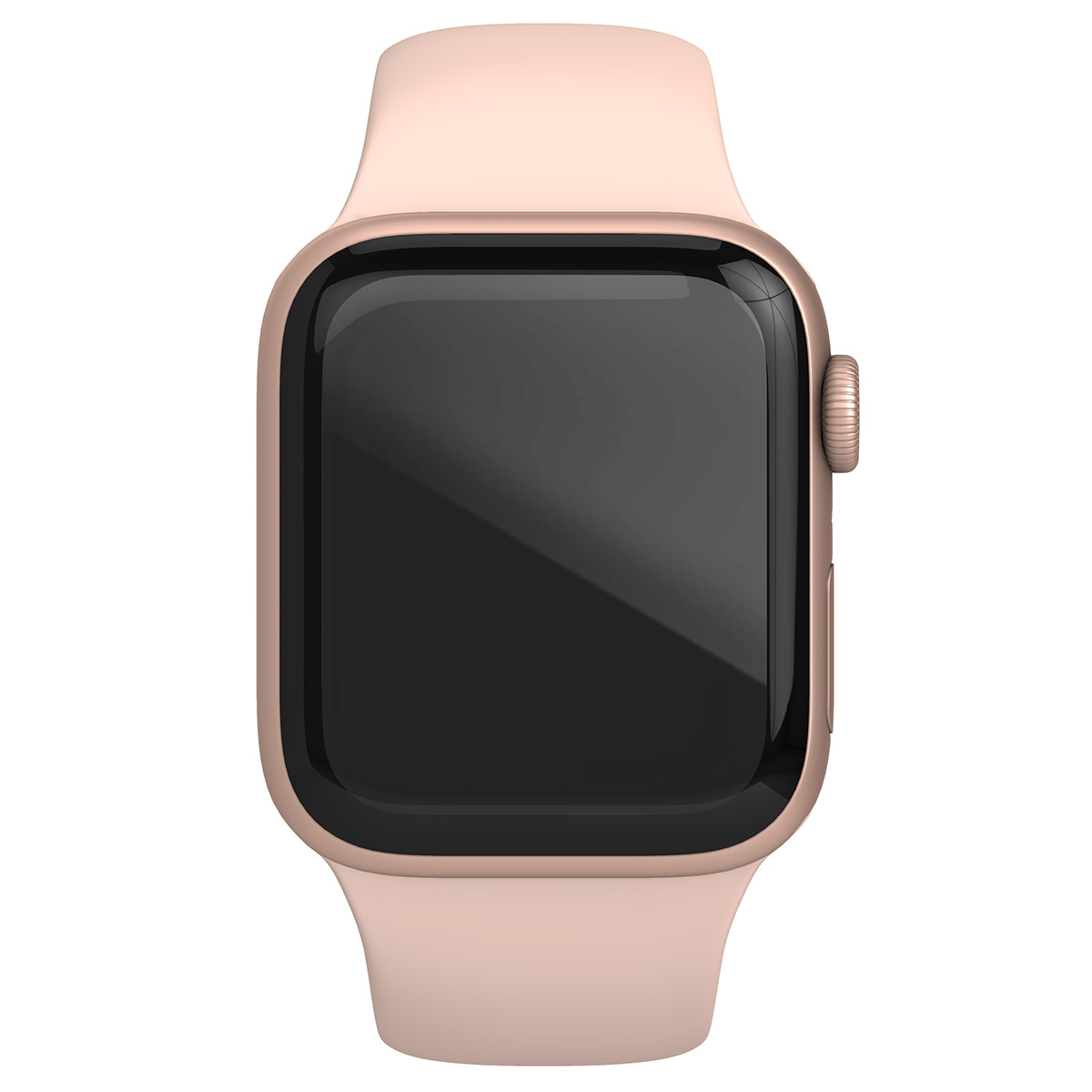 Vista frontal de un reloj inteligente rosa con pantalla negra y correa rosa.