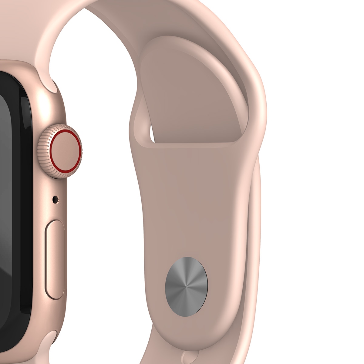 Primer plano del lateral de un smartwatch con correa rosa. El reloj tiene un botón rojo.