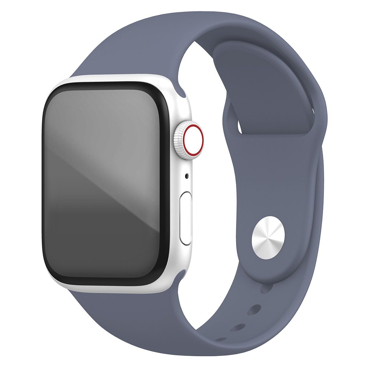 Smartwatch con cinturino blu e cassa bianca. Lo schermo è nero. Il pulsante è rosso.
