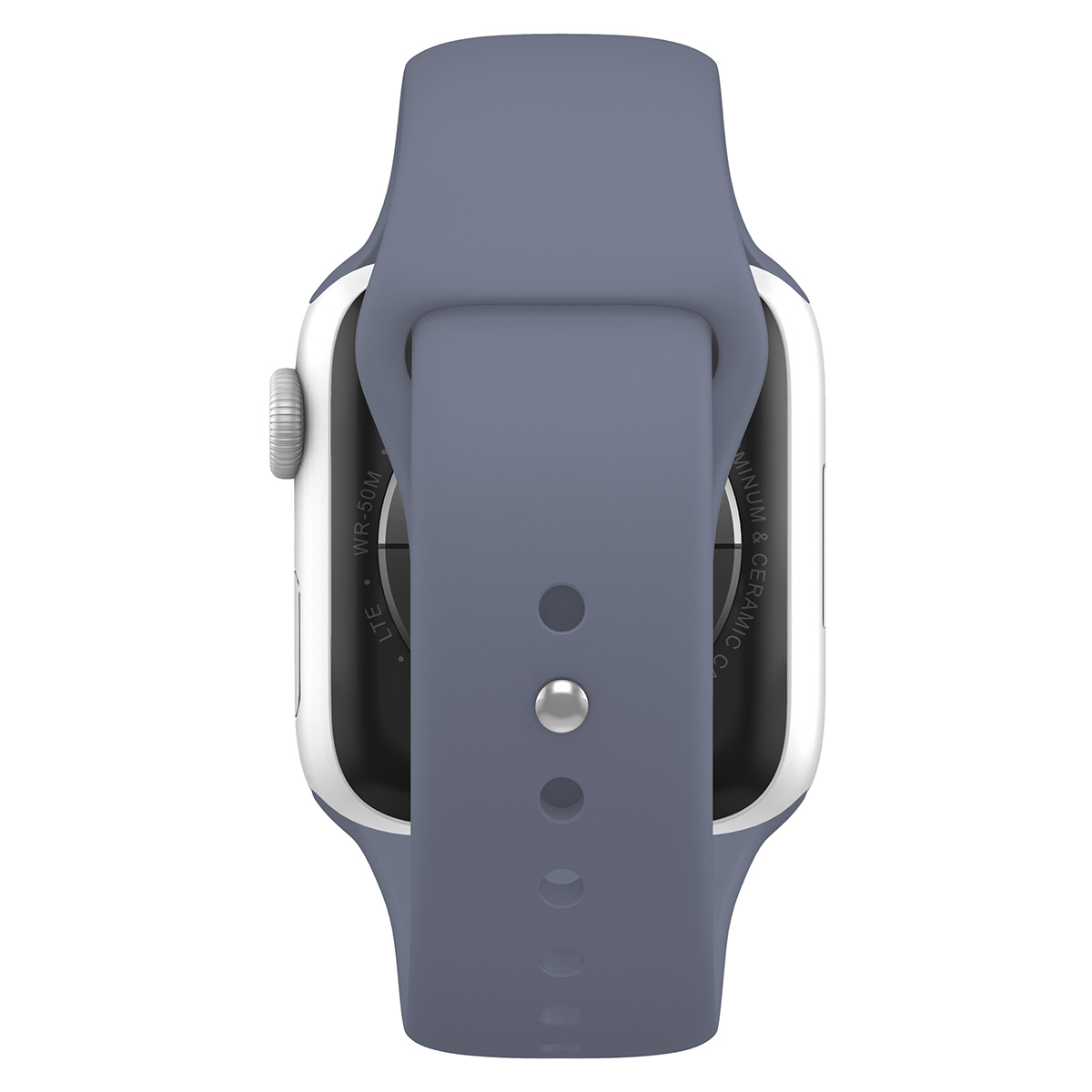 Smartwatch blu e bianco, vista posteriore. Il cinturino è blu.