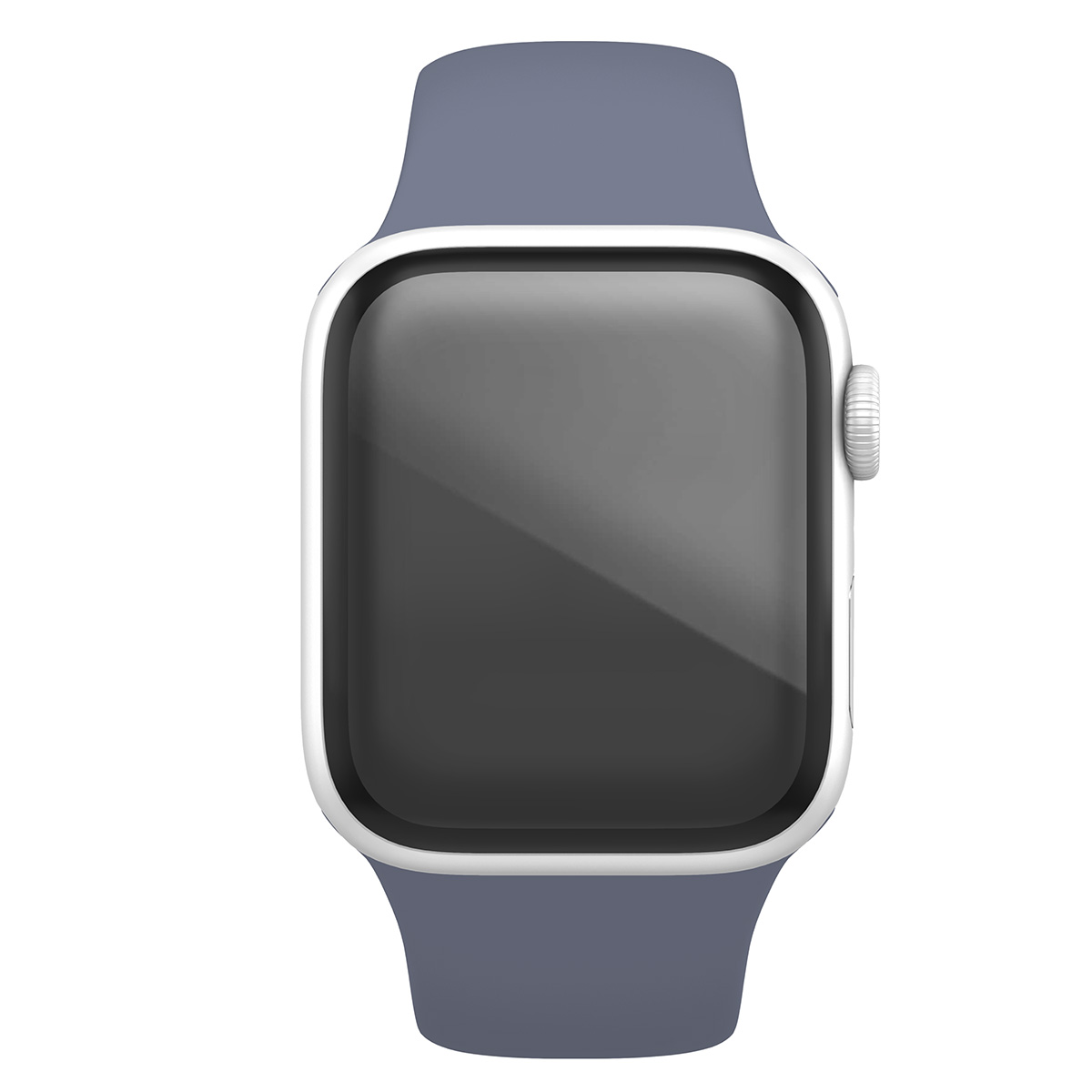 Smartwatch con cinturino grigio, bordo bianco e schermo nero.