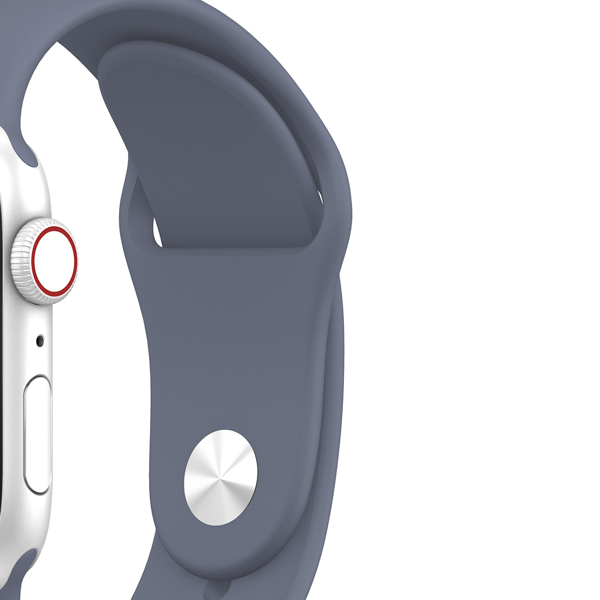 Primo piano del lato di uno smartwatch blu con cinturino blu e pulsante rosso.