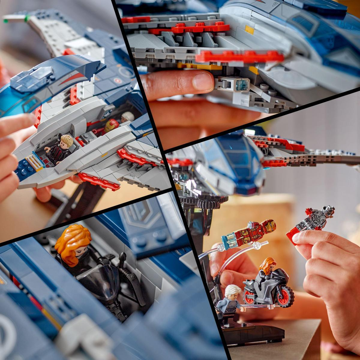 Un collage di set Lego Avengers con personaggi e un'astronave.