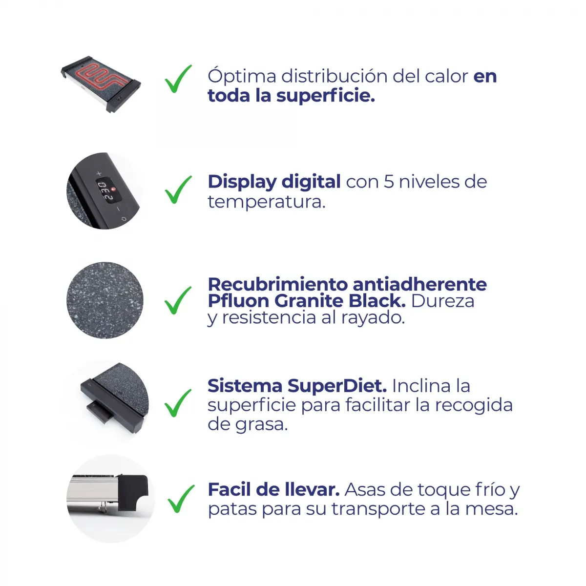 Un diagramma con un segno di spunta, con testo in spagnolo che descrive le caratteristiche.