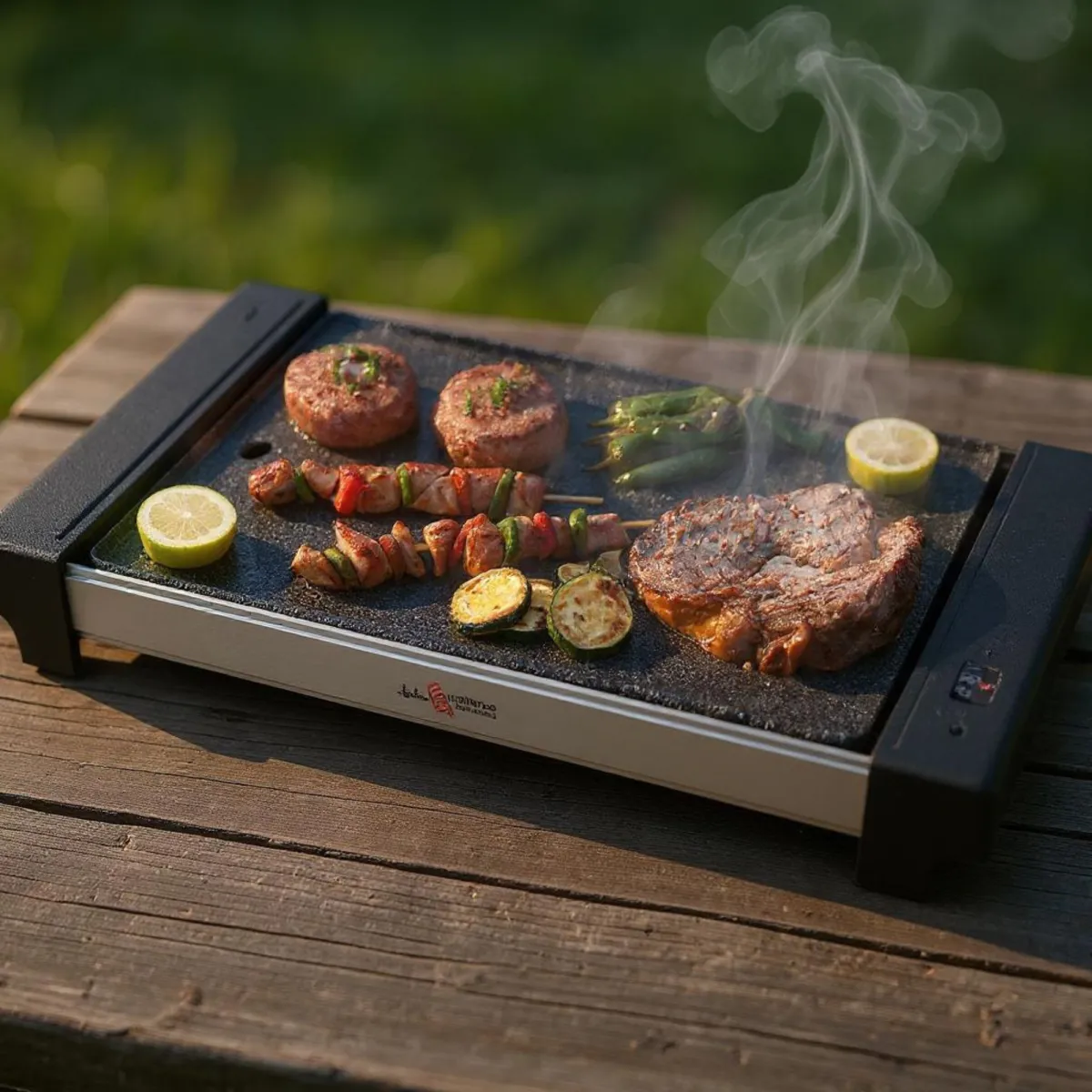 Una griglia con cibo cotto, limoni e una superficie in legno.