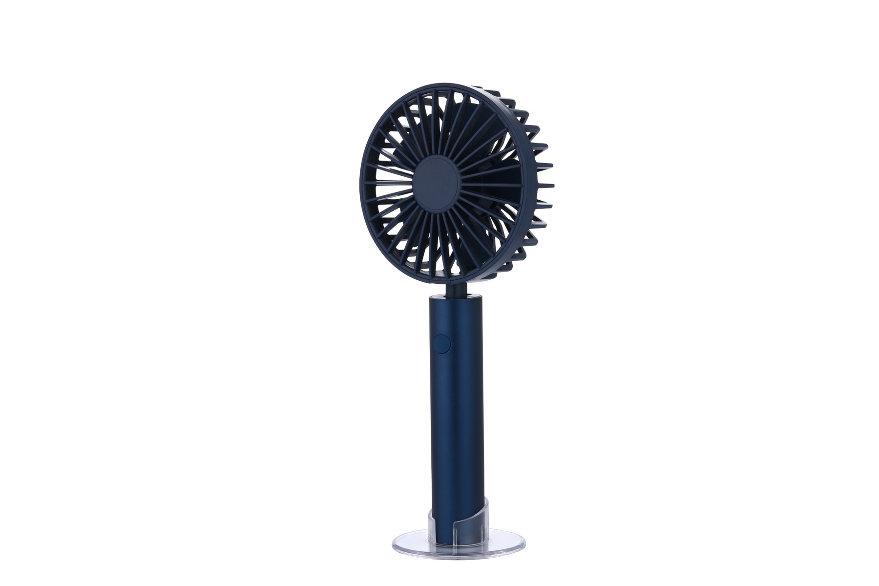 Un ventilador de mano azul con soporte. Es un ventilador pequeño y circular.