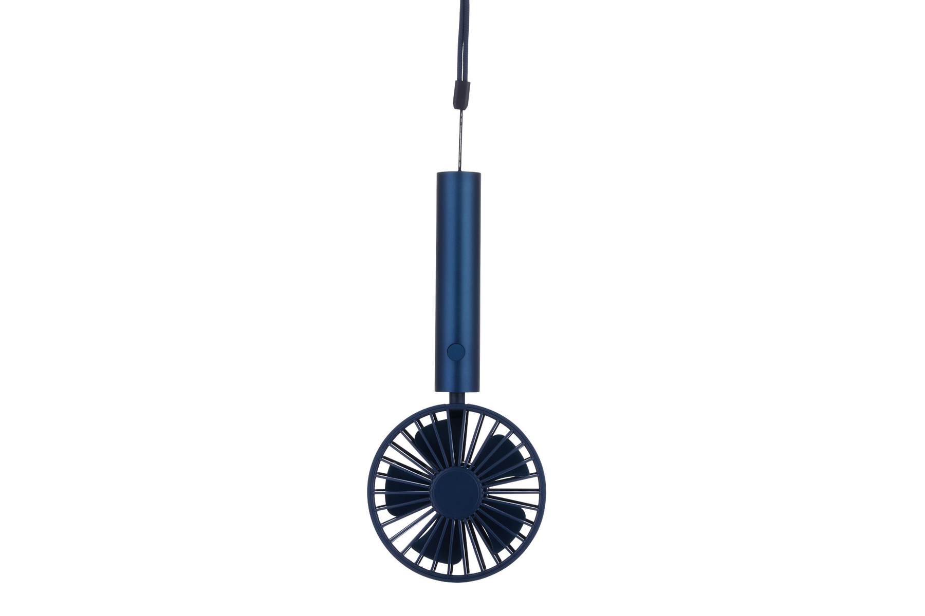 Un ventilador de mano azul con un cordón. El ventilador es circular.