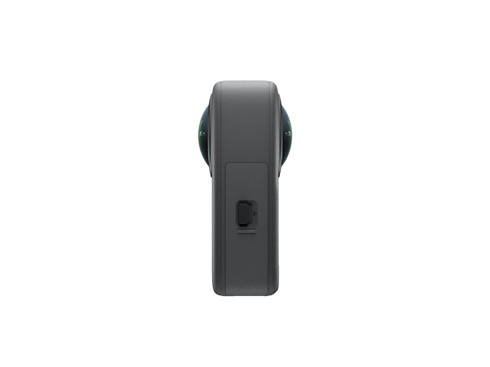 Seitenansicht einer schwarzen 360-Grad-Kamera mit kleiner Tür und Ein-/Aus-Taste.