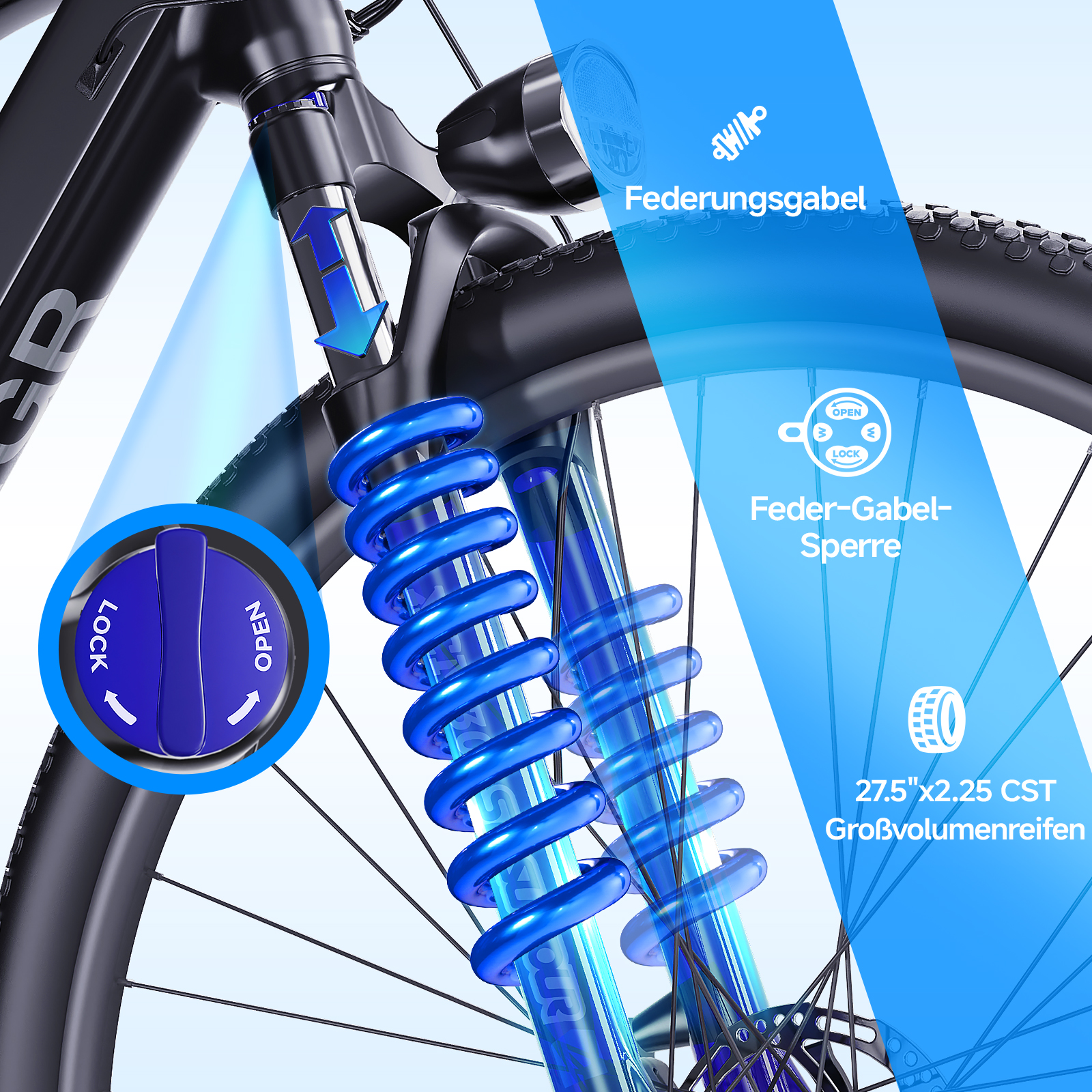 Nahaufnahme des Vorderradaufhängungssystems eines Fahrrads. Es zeigt die Feder und den Verriegelungs-/Öffnungsmechanismus in Blau.