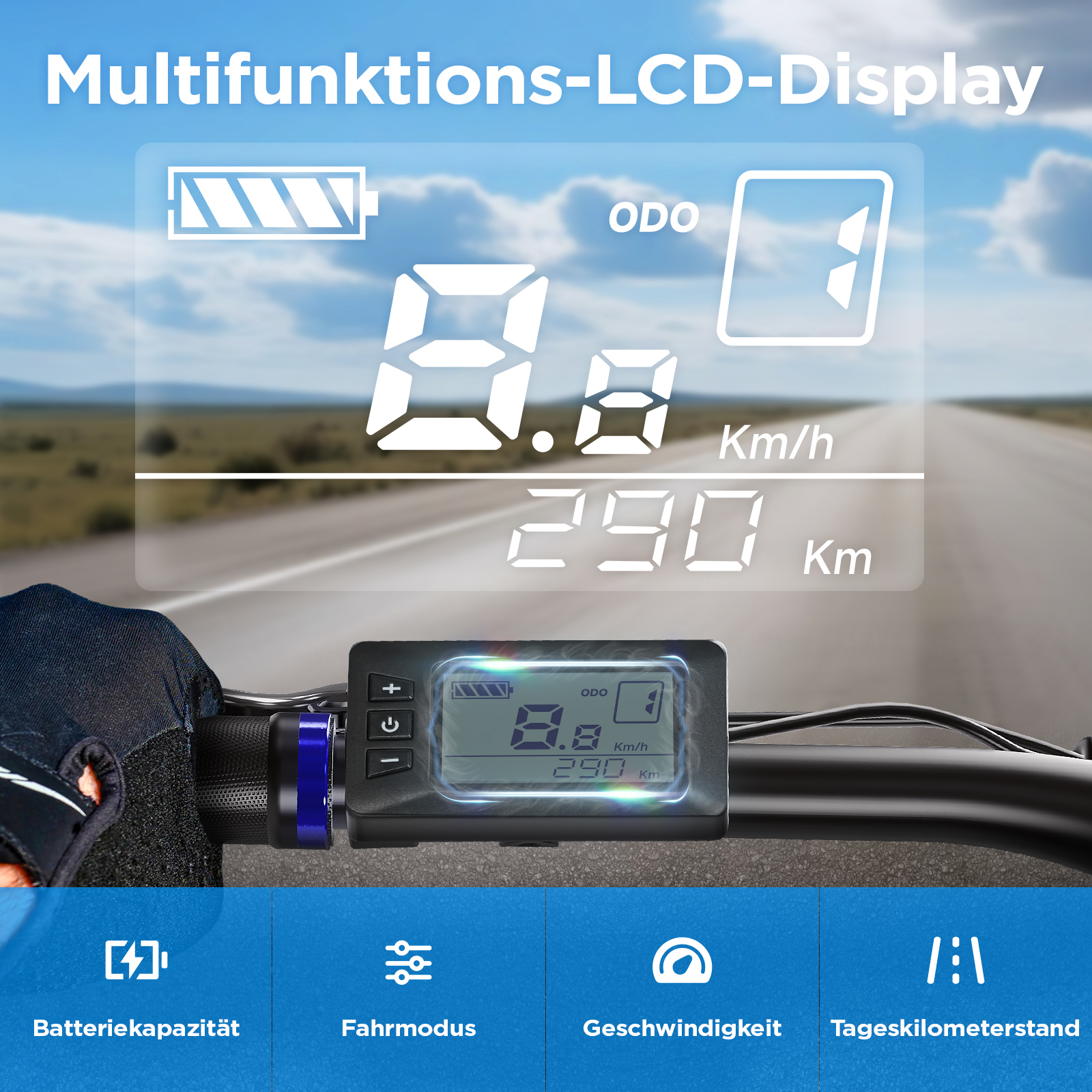 Nahaufnahme des Digitaldisplays eines Fahrrads. Es zeigt Geschwindigkeit, Entfernung und Batteriestand. Blauer Hintergrund.