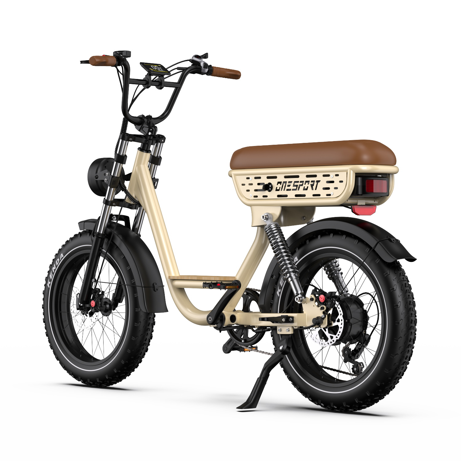 Una bicicleta eléctrica ONESPORT beige con neumáticos negros y un asiento marrón, vista desde la parte trasera, sobre un fondo blanco.