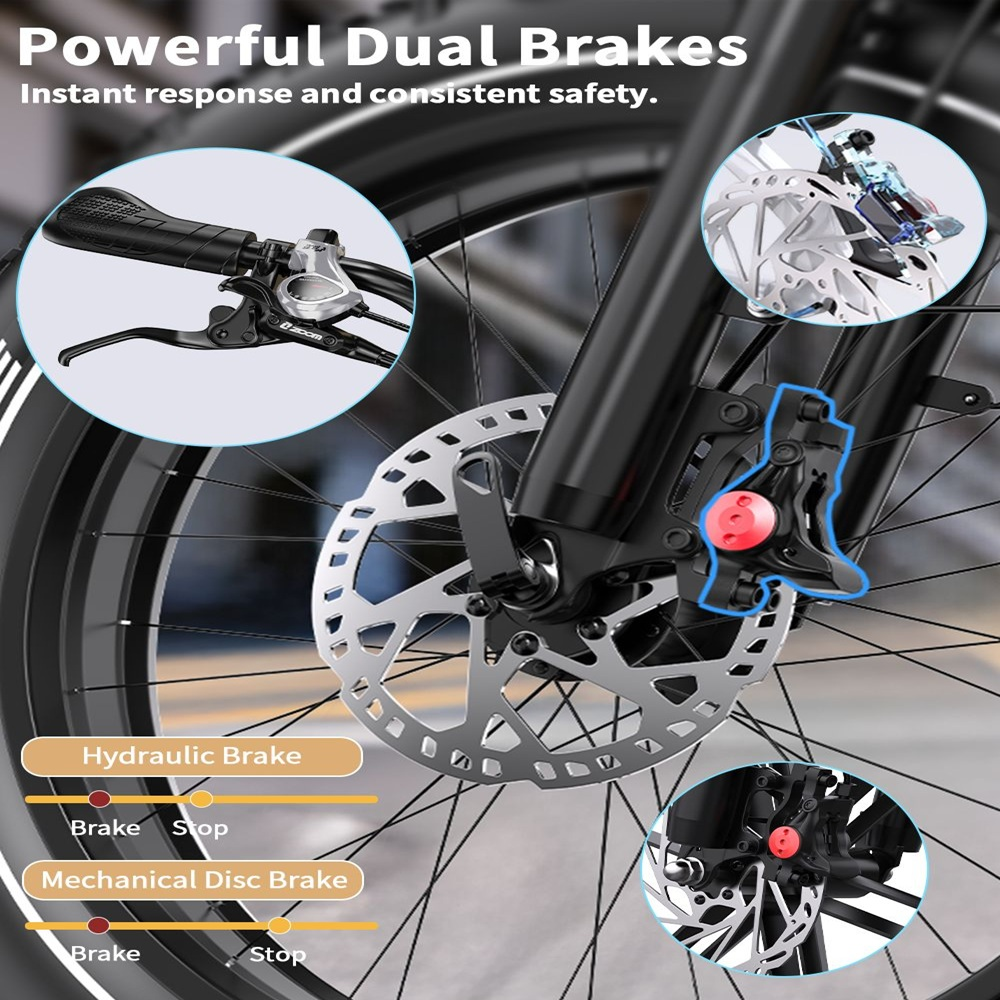 Primer plano de los frenos de e-bike. Frenos de disco hidráulicos y mecánicos. Vista detallada.