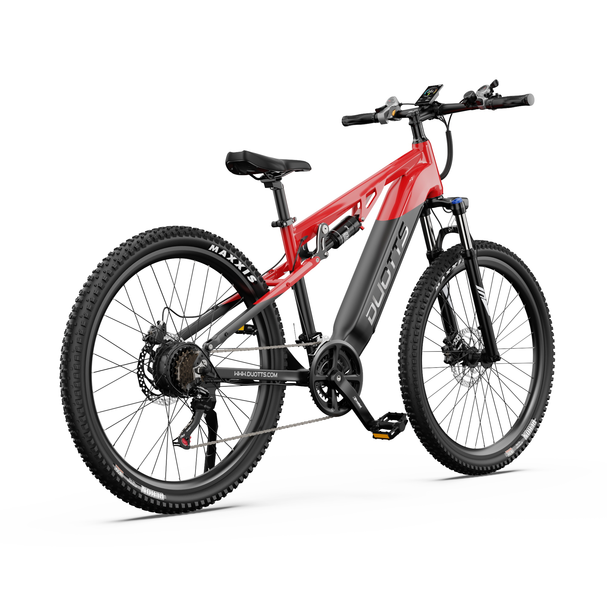 Bicicleta eléctrica roja y negra sobre blanco. Tiene neumáticos gruesos y el logo DUOTTS.