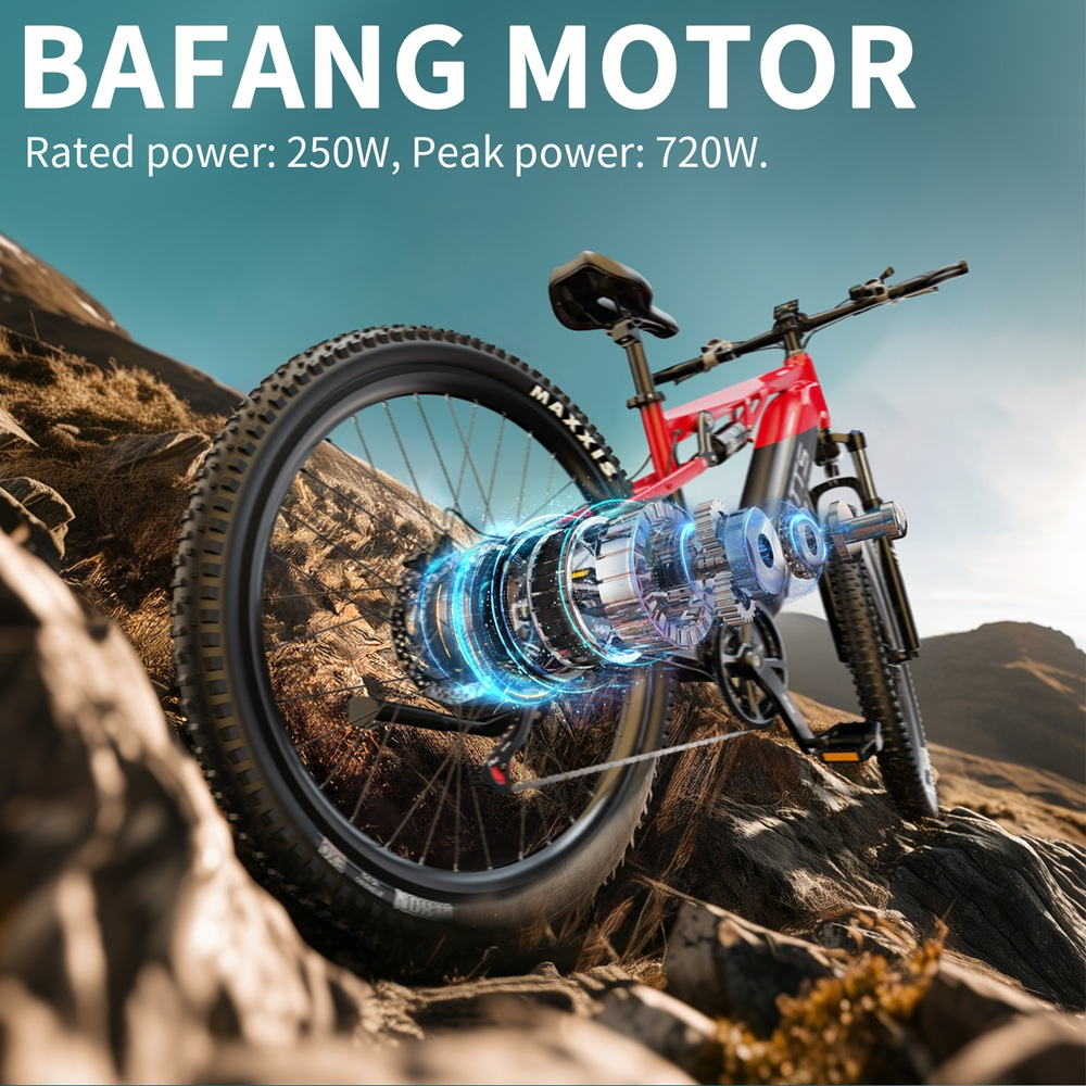 Corte de motor y tren de transmisión de bici eléctrica. Bicicleta roja y negra sobre rocas.